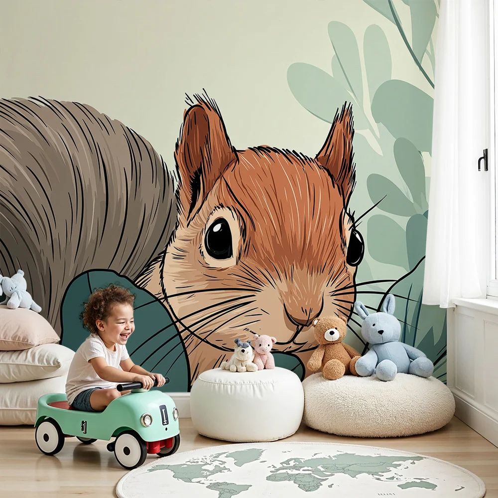 Kids room wallpaper | Zvědavý veverka uprostřed listí