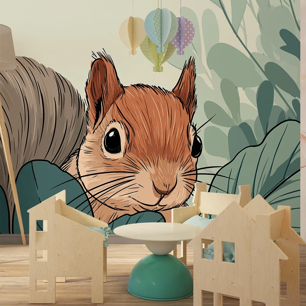 Kids room wallpaper | Zvědavý veverka uprostřed listí