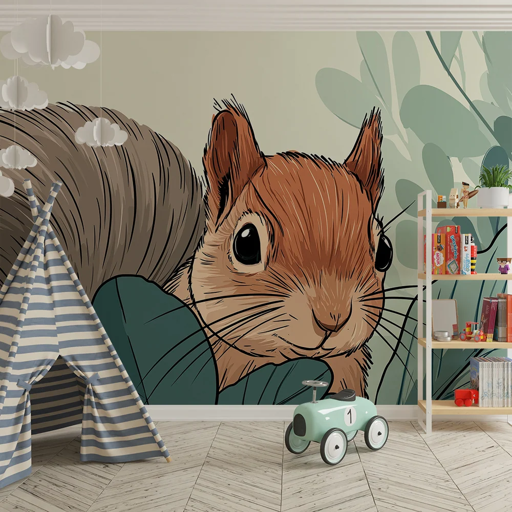 Kids room wallpaper | Zvědavý veverka uprostřed listí