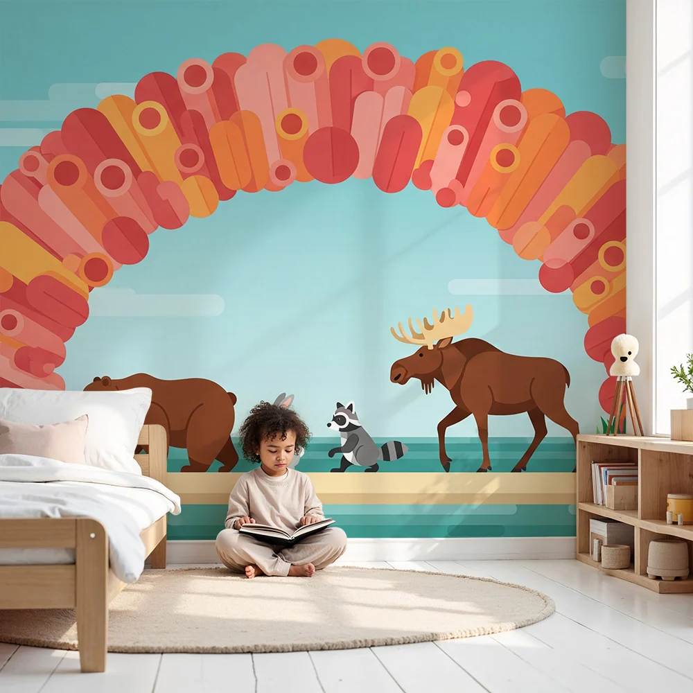 Kinderkamer behang | Bosdieren onder een kleurrijke regenboog