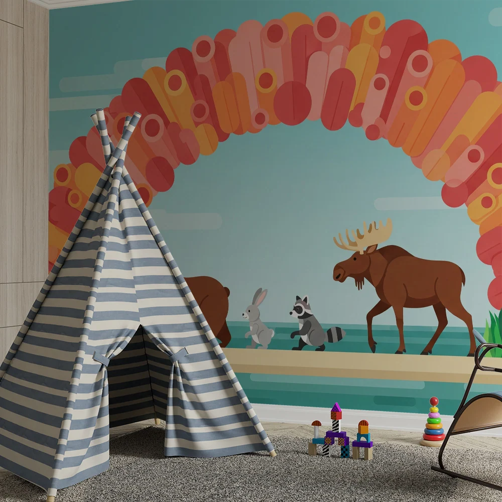 Kinderkamer behang | Bosdieren onder een kleurrijke regenboog