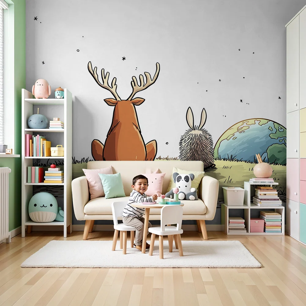 Kinderkamer behang | Hert en konijn die de aarde onder een sterrenhemel bekijken