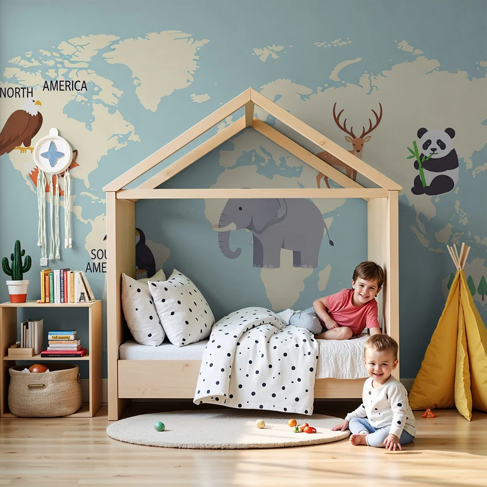 Kinderkamer behang | Kleurrijke wereldkaart met schattige dieren