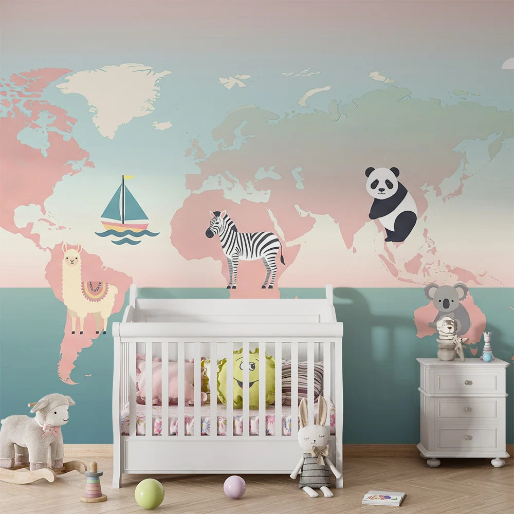 Kinderkamer behang | Kleurrijke wereldkaart met schattige dieren