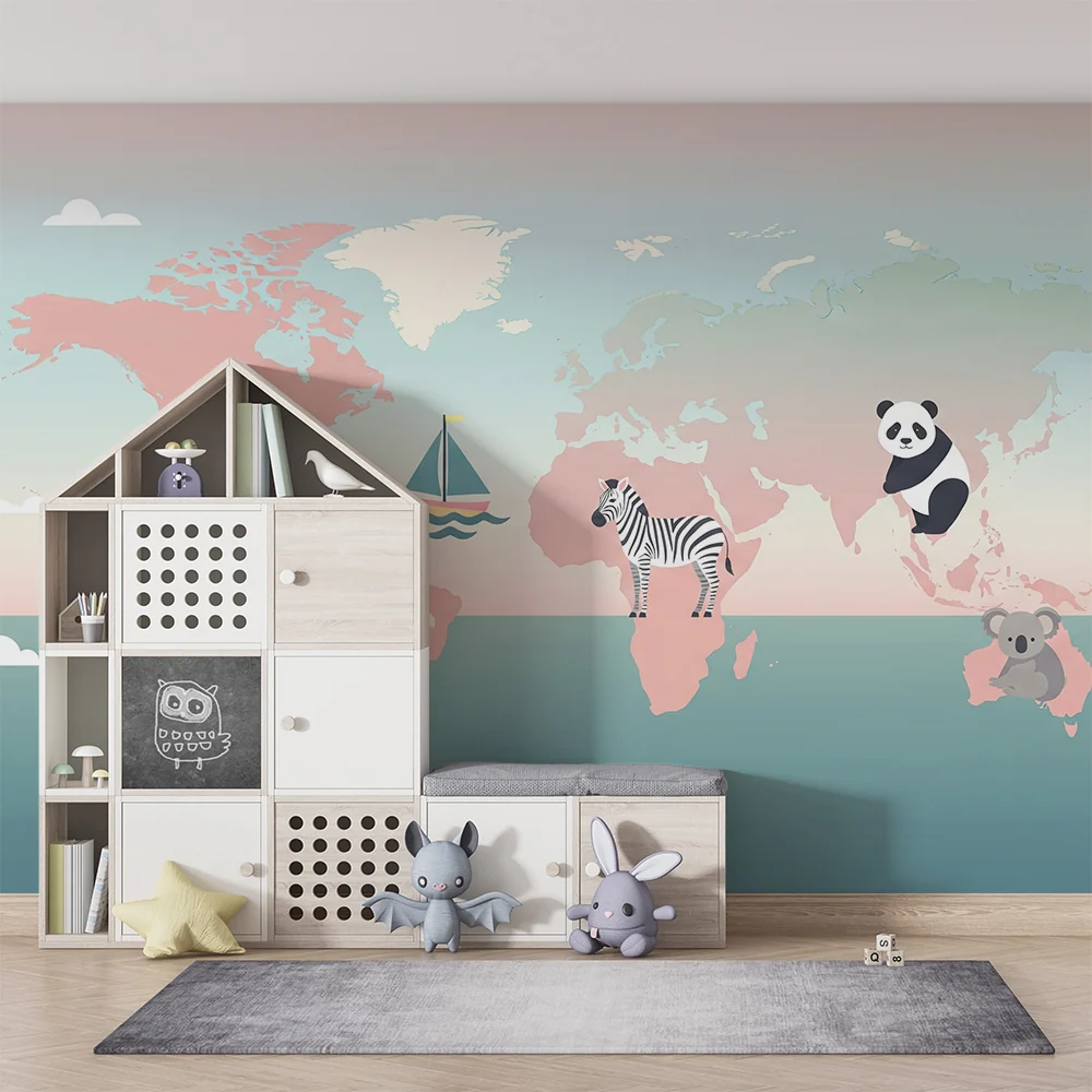 Kinderkamer behang | Kleurrijke wereldkaart met schattige dieren