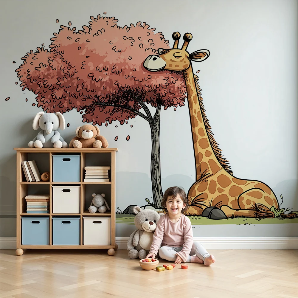Kinderkamer behang | Rustige giraf onder een roze boom
