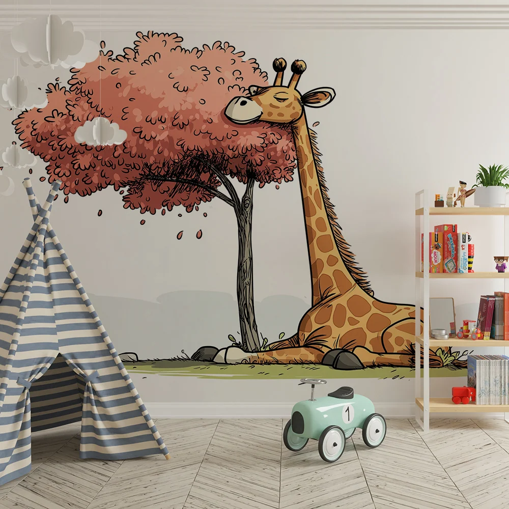 Kinderkamer behang | Rustige giraf onder een roze boom