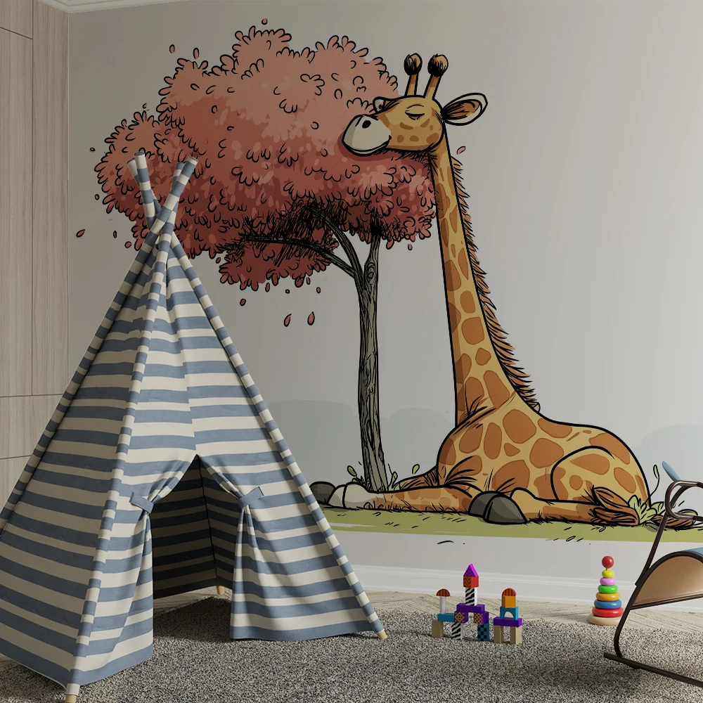 Kinderkamer behang | Rustige giraf onder een roze boom