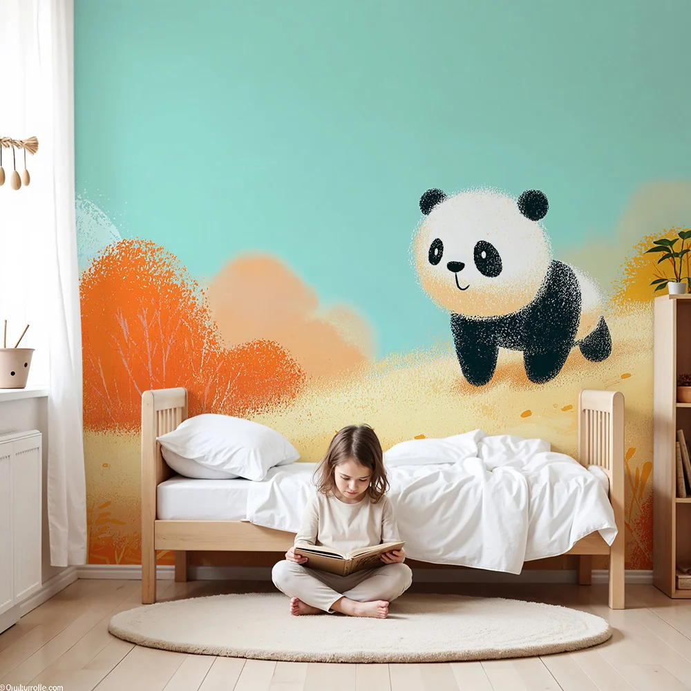 Kinderkamer behang | Schattige panda kleurrijk herfstlandschap