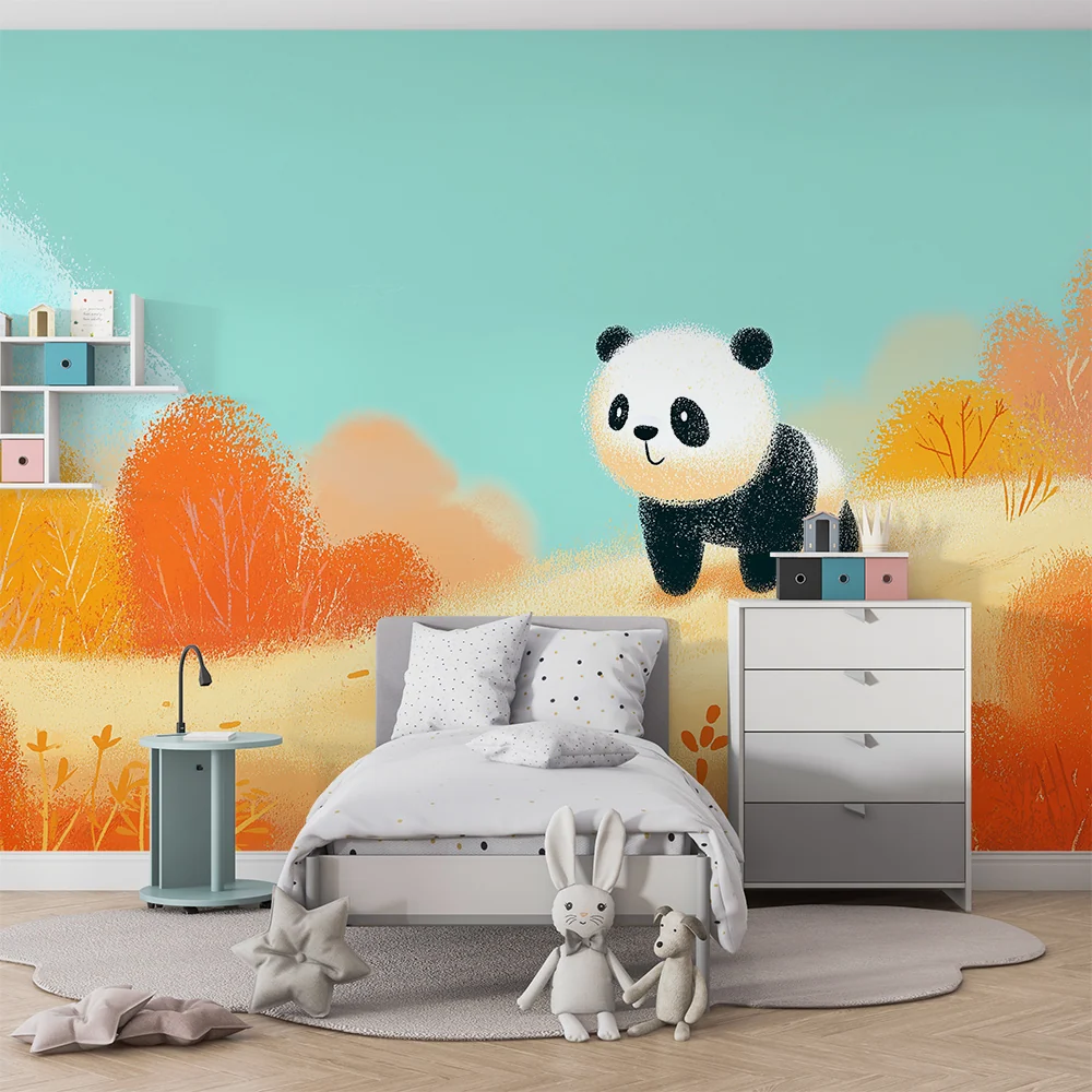 Kinderkamer behang | Schattige panda kleurrijk herfstlandschap