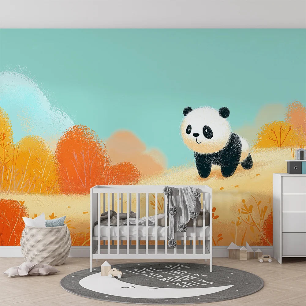 Kinderkamer behang | Schattige panda kleurrijk herfstlandschap