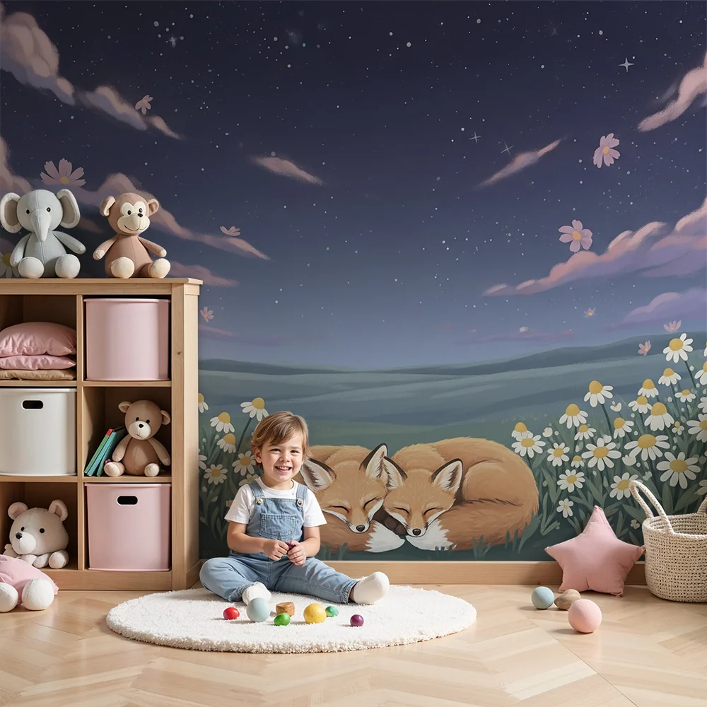 Kinderkamer behang | Slapende vossen tussen bloemen en sterrenhemel