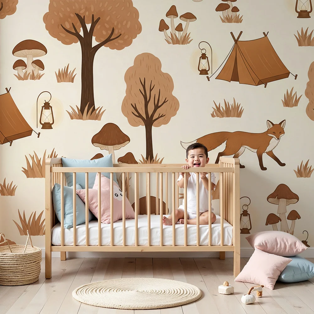 Kinderzimmer Tapete | Abenteuer im Wald mit Fuchs und Zelten