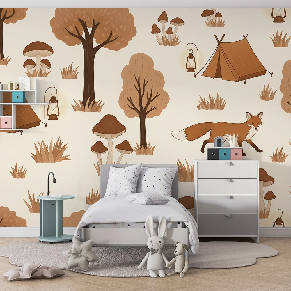 Kinderzimmer Tapete | Abenteuer im Wald mit Fuchs und Zelten