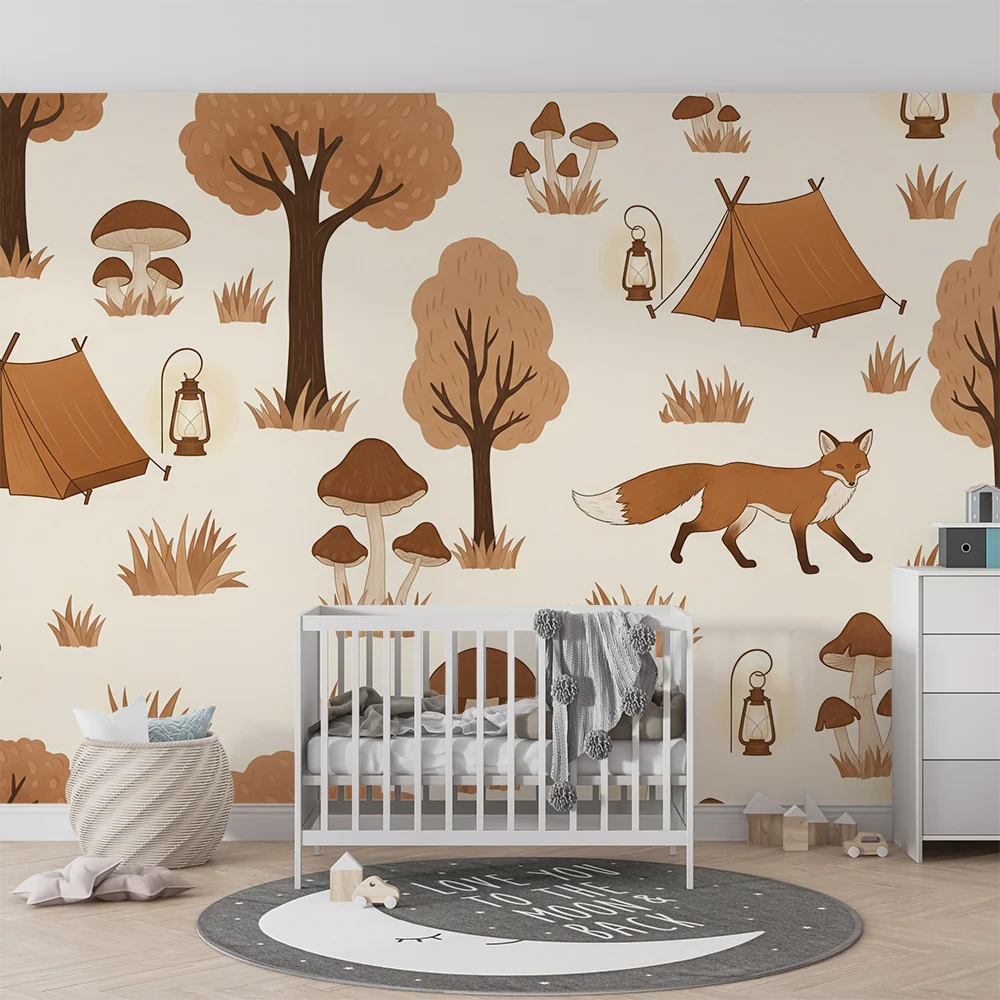 Kinderzimmer Tapete | Abenteuer im Wald mit Fuchs und Zelten