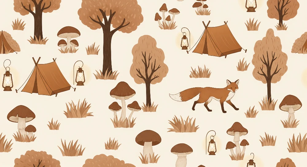 Kinderzimmer Tapete | Abenteuer im Wald mit Fuchs und Zelten