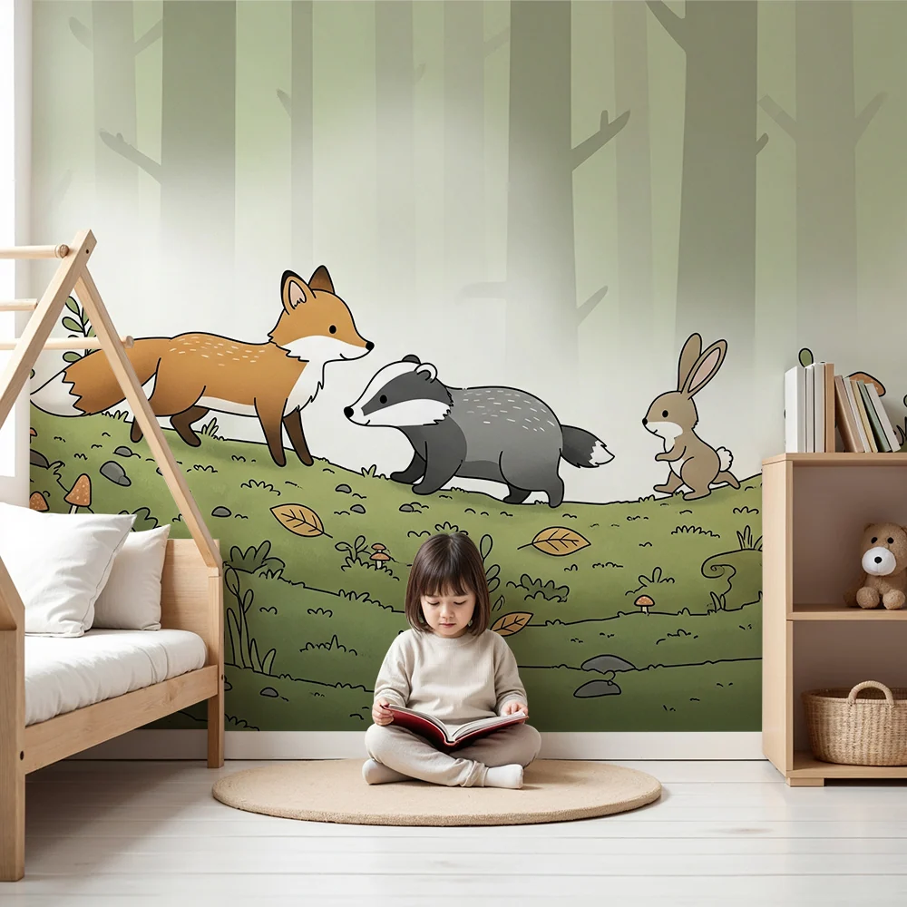 Kinderzimmer Tapete | Abenteuer im Wald mit süßen Tieren