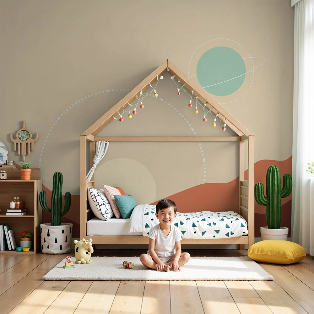 Kinderzimmer Tapete | Abstrakte Landschaft mit Bergen und Planeten
