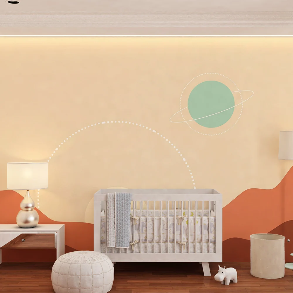 Kinderzimmer Tapete | Abstrakte Landschaft mit Bergen und Planeten