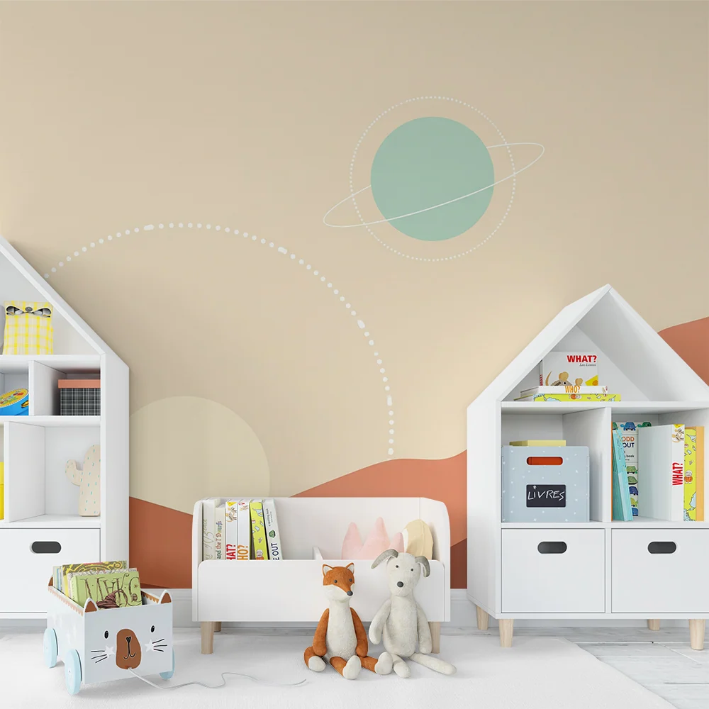 Kinderzimmer Tapete | Abstrakte Landschaft mit Bergen und Planeten