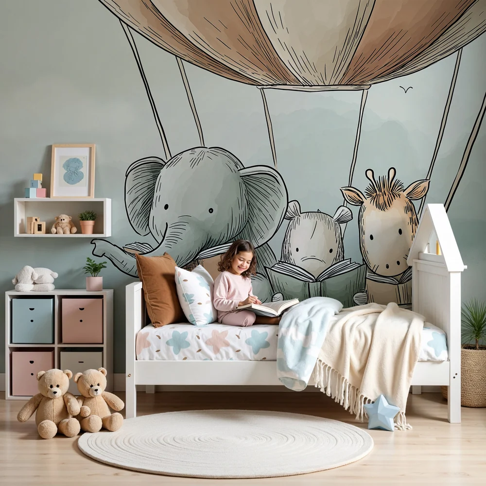 Kinderzimmer Tapete | Ballonfahrtabenteuer mit Lesetieren