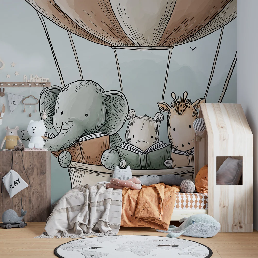 Kinderzimmer Tapete | Ballonfahrtabenteuer mit Lesetieren