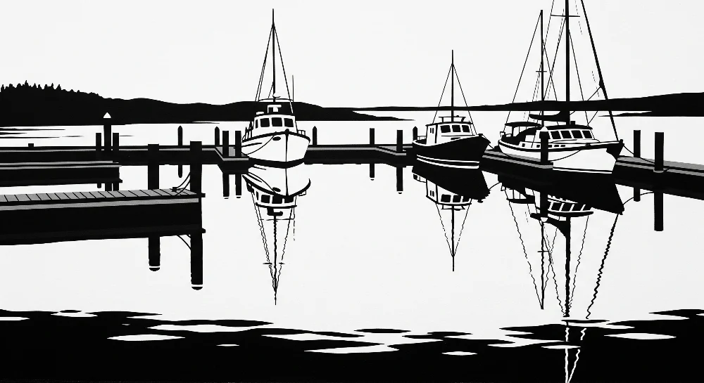 Kinderzimmer Tapete | Boote im Hafen mit Schwarz-Weiß-Reflexionen