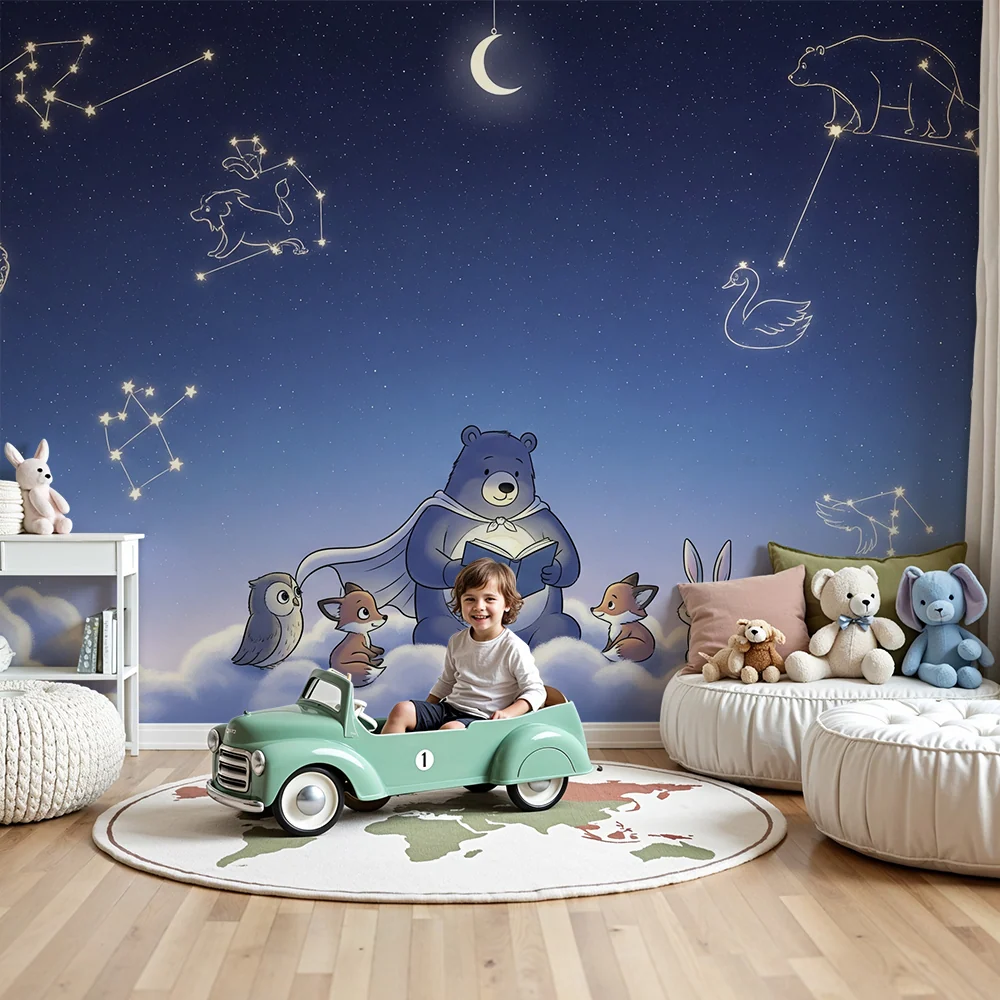 Kinderzimmer Tapete | Bären und Freunde unter einem Sternenhimmel mit Sternbildern