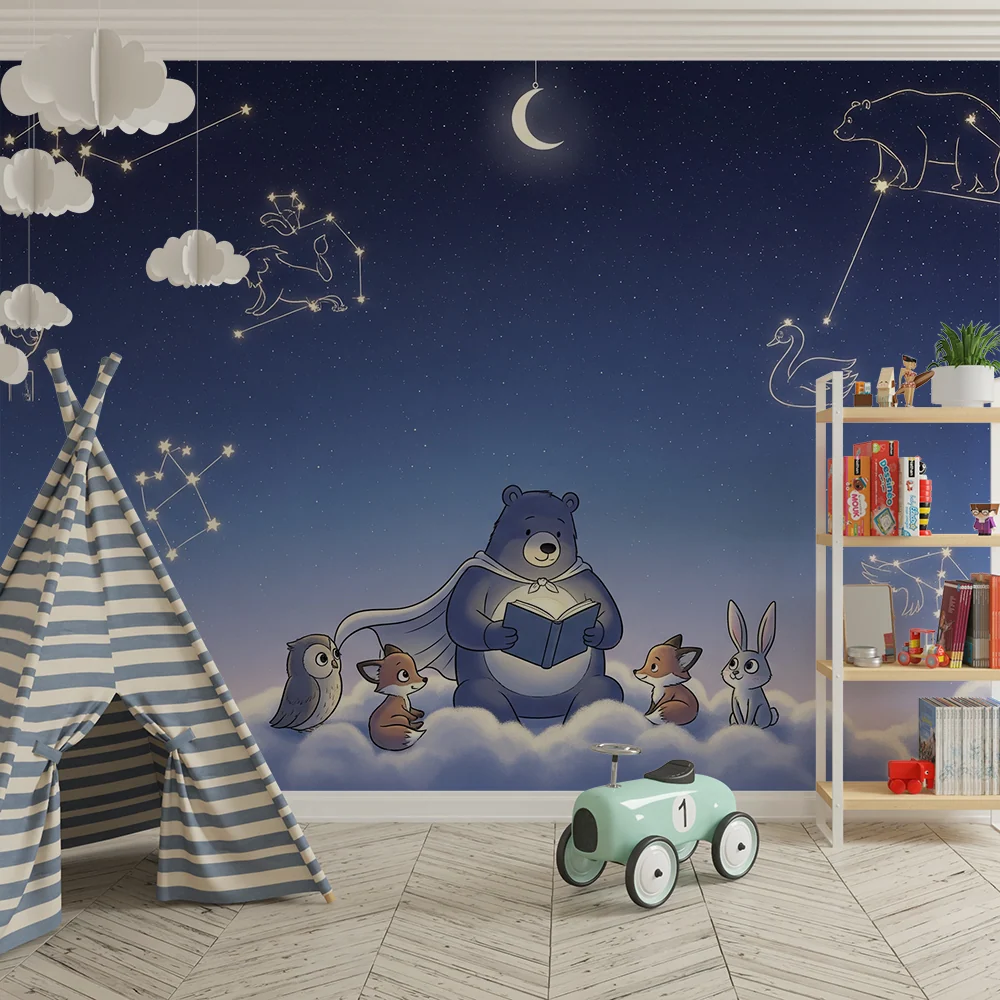 Kinderzimmer Tapete | Bären und Freunde unter einem Sternenhimmel mit Sternbildern