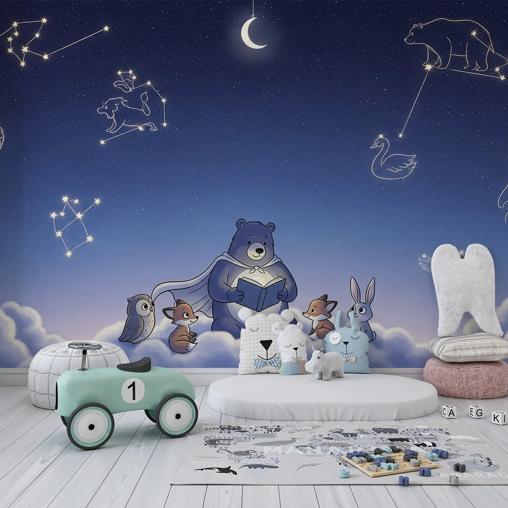 Kinderzimmer Tapete | Bären und Freunde unter einem Sternenhimmel mit Sternbildern
