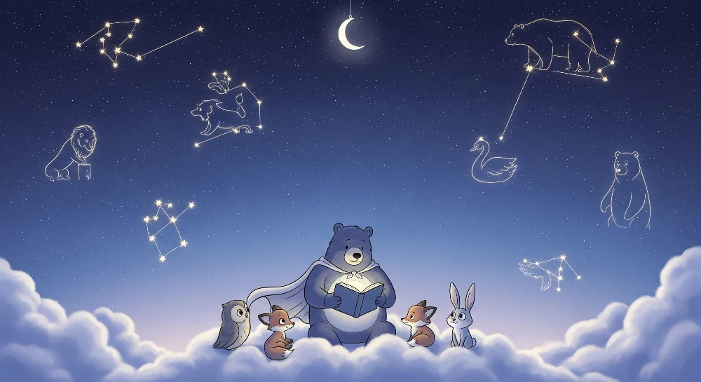Kinderzimmer Tapete | Bären und Freunde unter einem Sternenhimmel mit Sternbildern