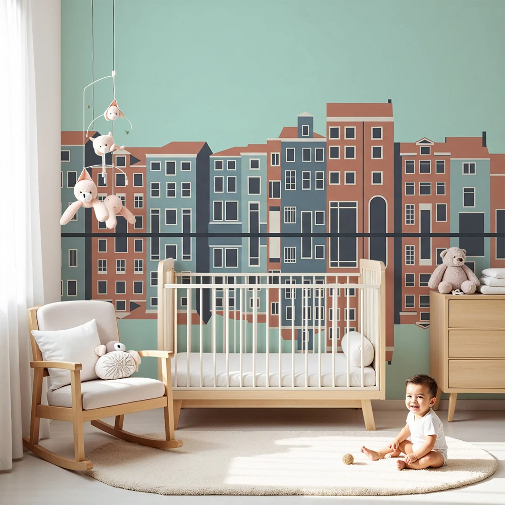 Kinderzimmer Tapete | Bunte Häuser und Wasserreflexion