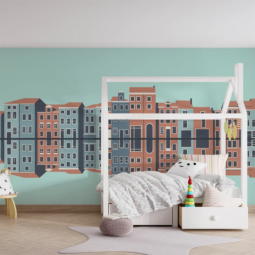 Kinderzimmer Tapete | Bunte Häuser und Wasserreflexion