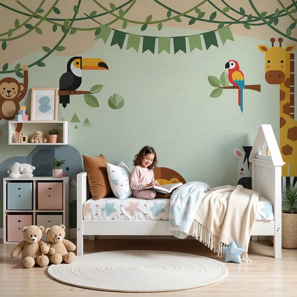 Kinderzimmer Tapete | Bunte und fröhliche Dschungeltiere
