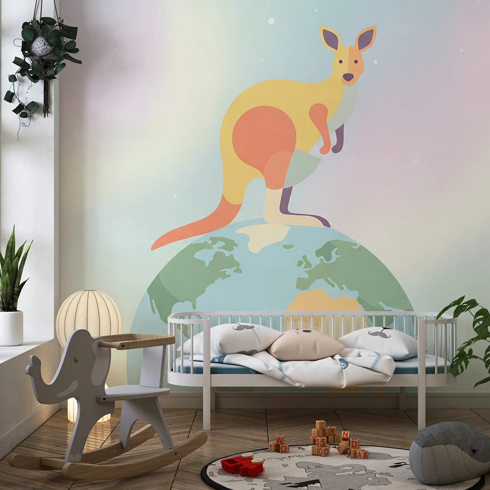 Kinderzimmer Tapete | Bunter Känguru auf dem Planeten Erde