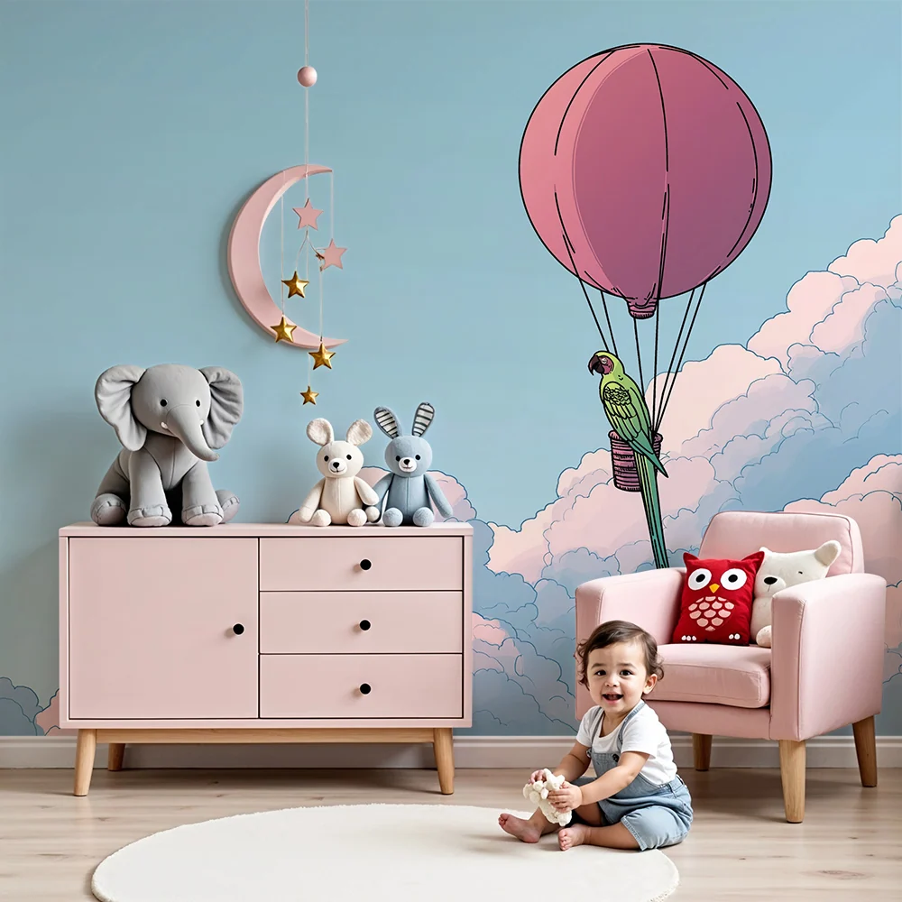 Kinderzimmer Tapete | Bunter Vogel einem Ballon über den Wolken