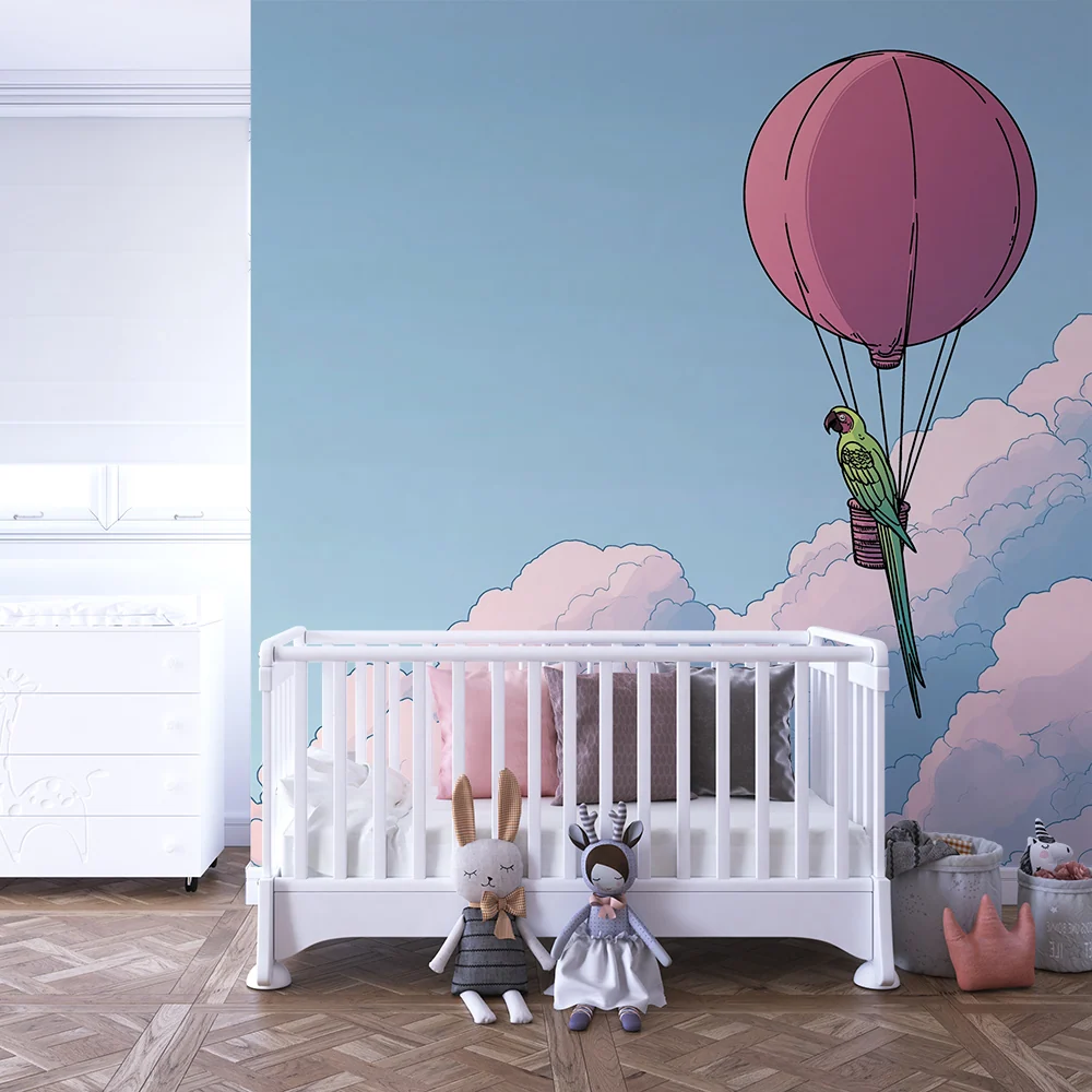 Kinderzimmer Tapete | Bunter Vogel einem Ballon über den Wolken