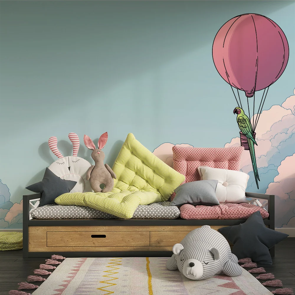 Kinderzimmer Tapete | Bunter Vogel einem Ballon über den Wolken