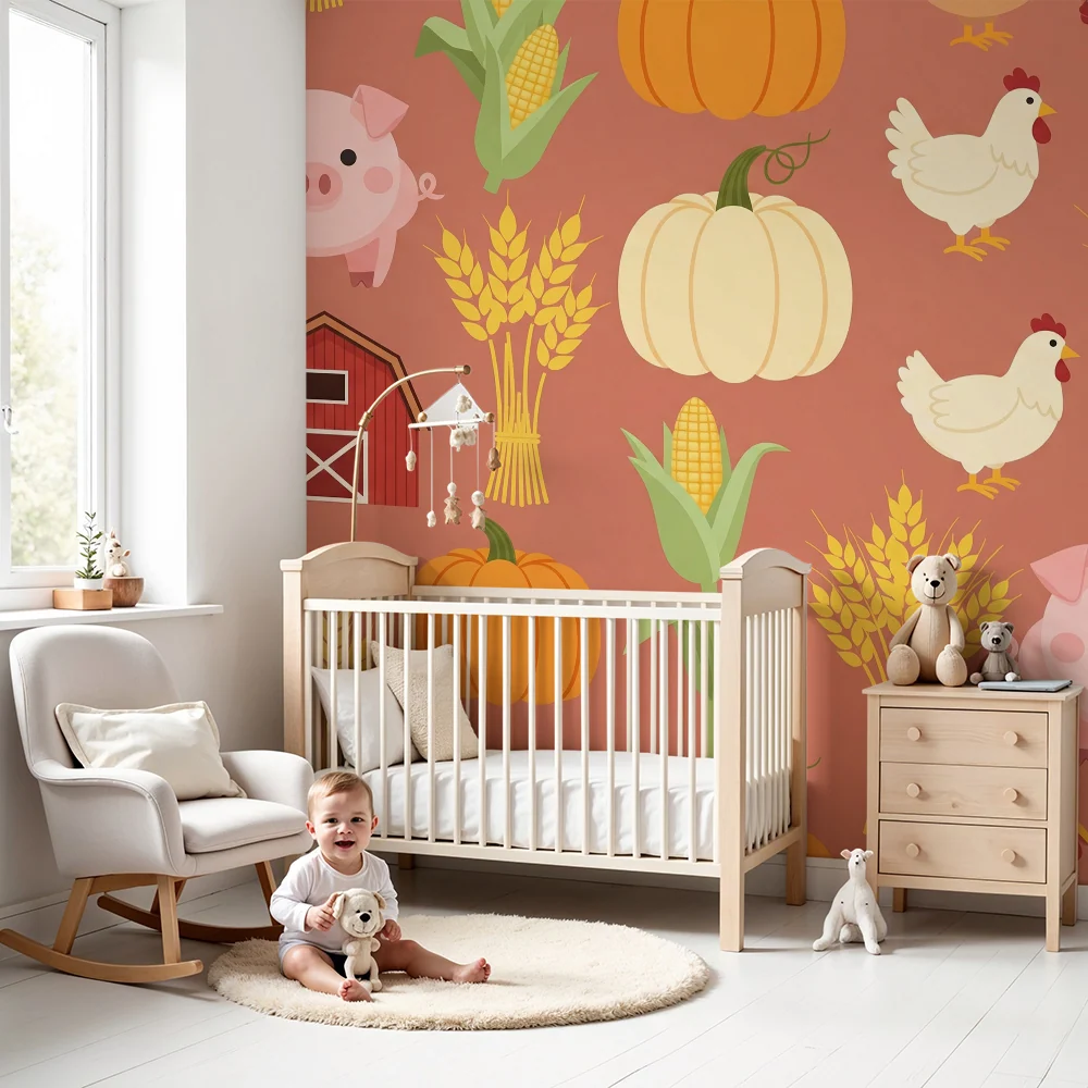 Kinderzimmer Tapete | Charmante Farm mit Schweinen, Kürbissen und Hühnern