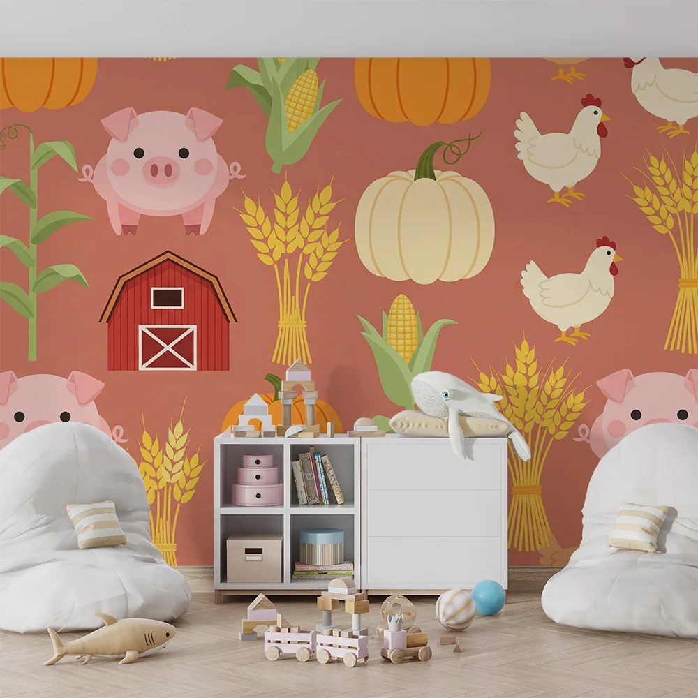 Kinderzimmer Tapete | Charmante Farm mit Schweinen, Kürbissen und Hühnern