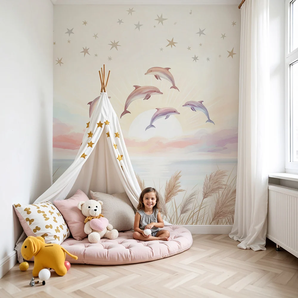 Kinderzimmer Tapete | Delfine springen unter einem sternenklaren Himmel