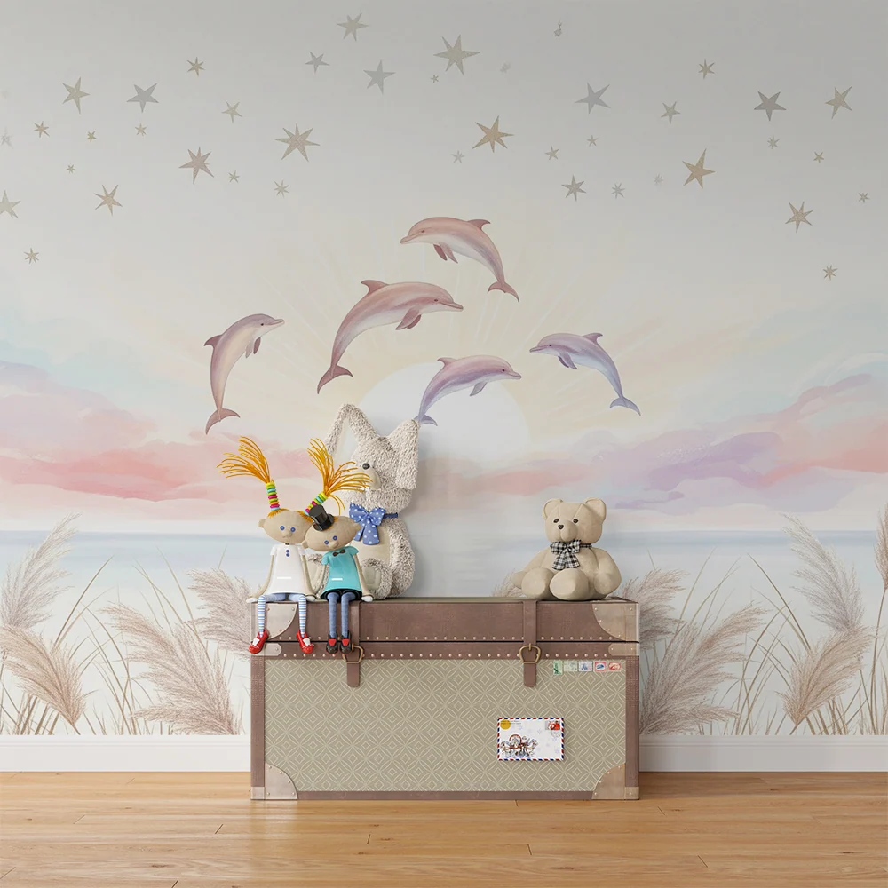 Kinderzimmer Tapete | Delfine springen unter einem sternenklaren Himmel
