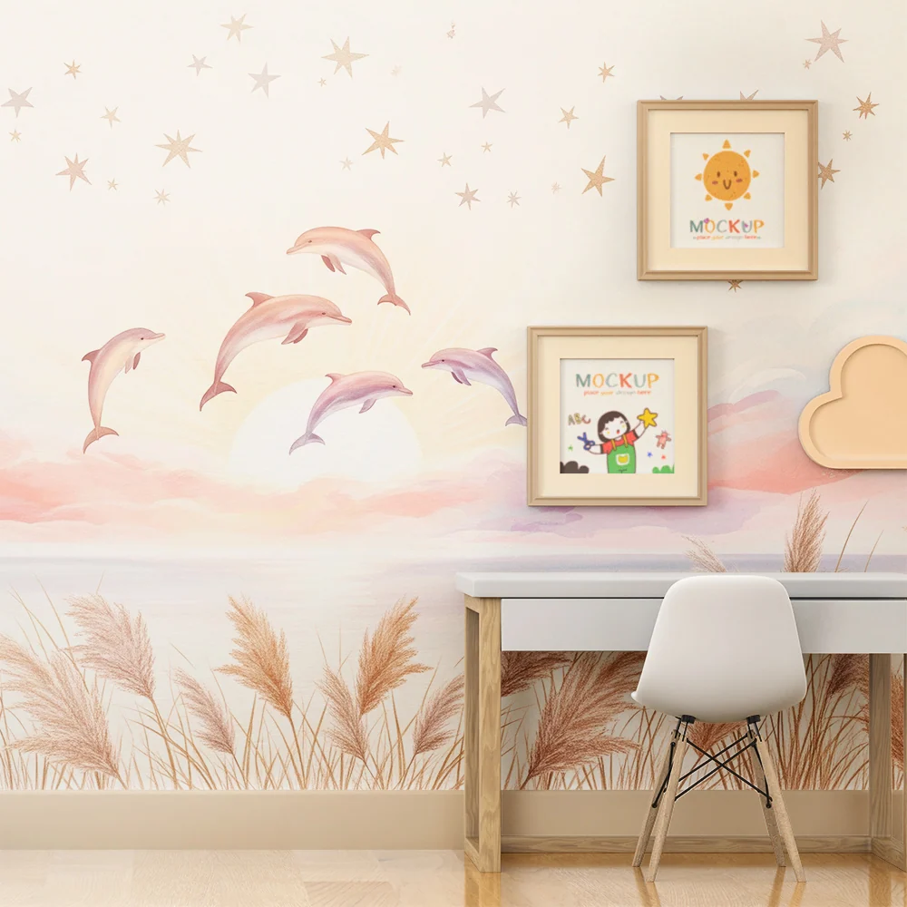 Kinderzimmer Tapete | Delfine springen unter einem sternenklaren Himmel