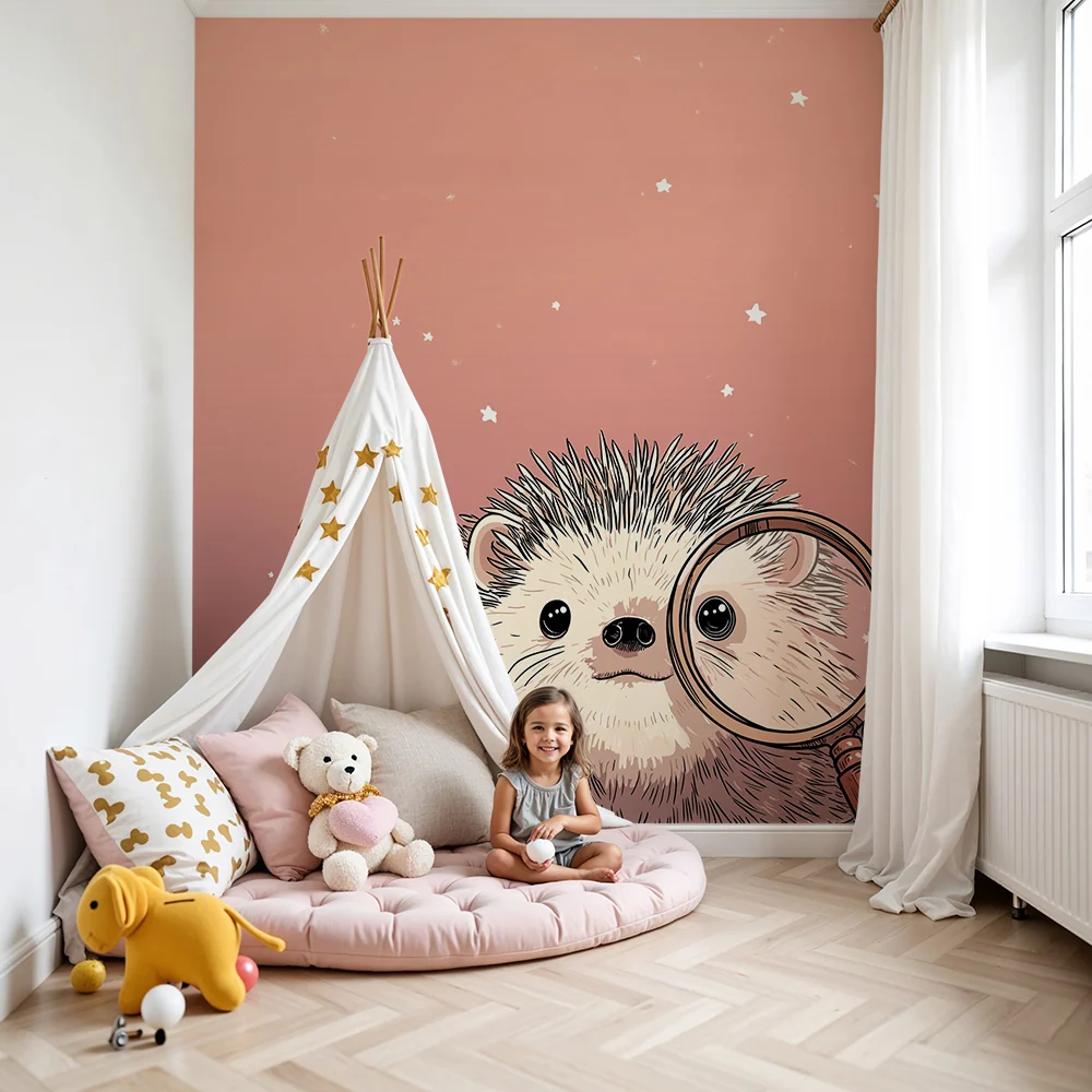 Kinderzimmer Tapete | Detektiv-Igel unter einem sternenklaren Himmel