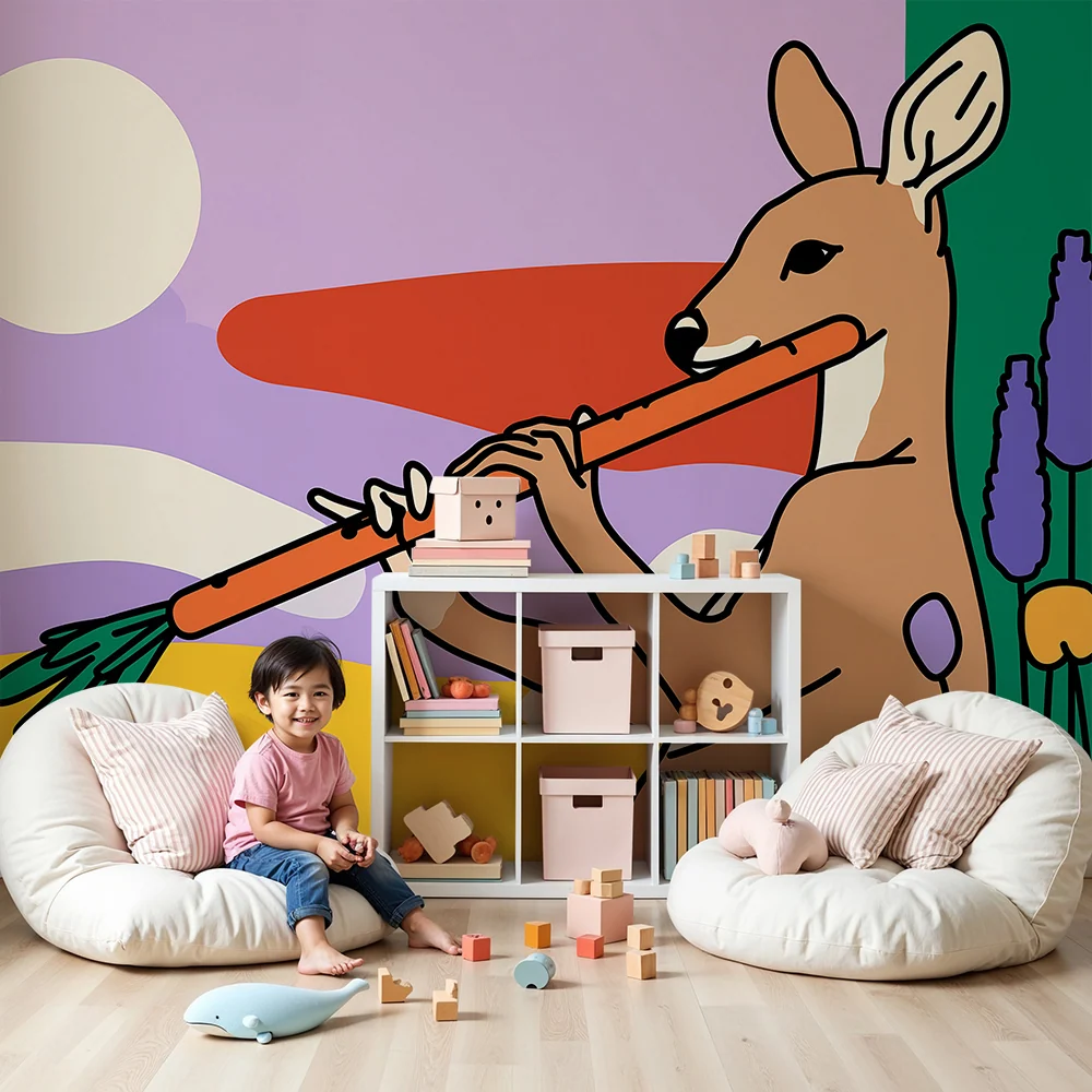 Kinderzimmer Tapete | Ein musikalischer Rehkitz einer bunten Landschaft