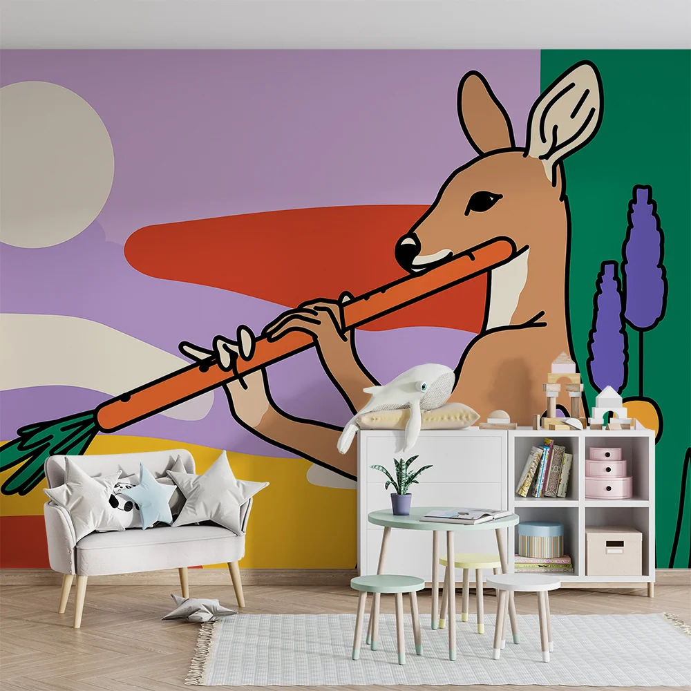 Kinderzimmer Tapete | Ein musikalischer Rehkitz einer bunten Landschaft