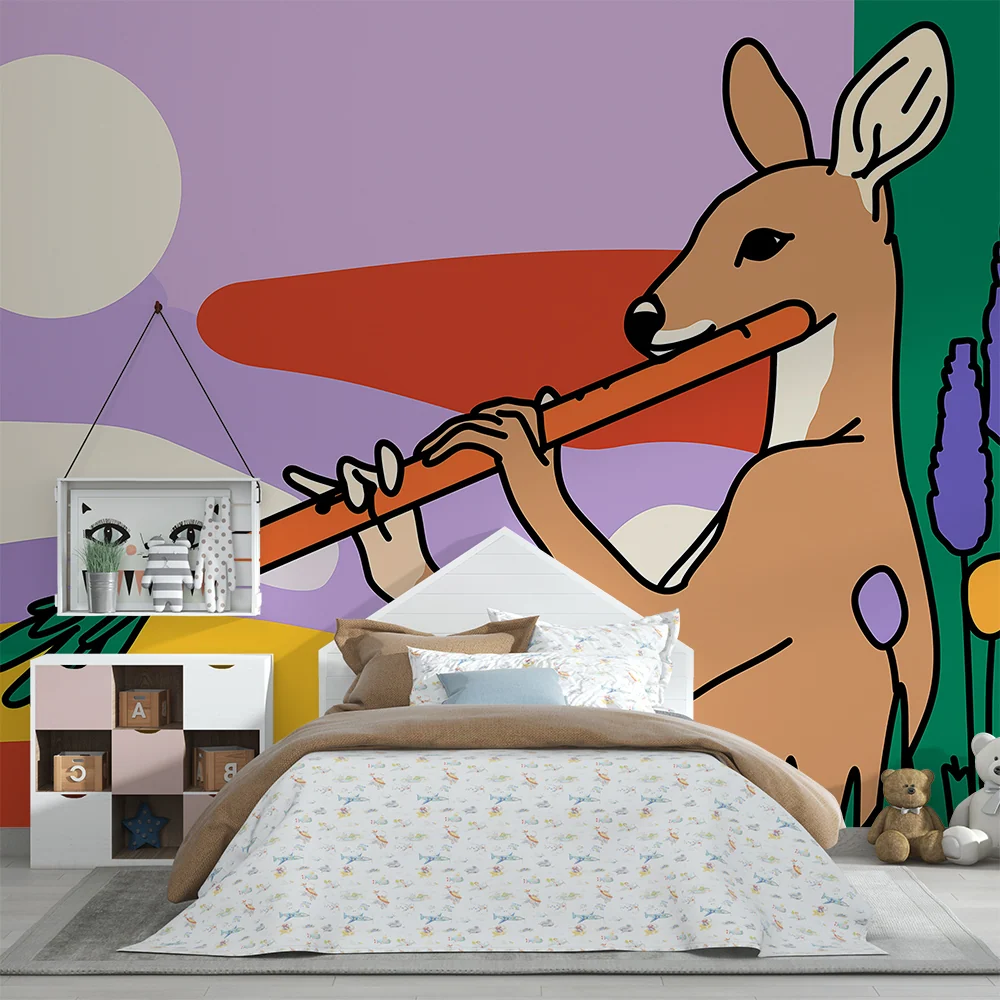 Kinderzimmer Tapete | Ein musikalischer Rehkitz einer bunten Landschaft