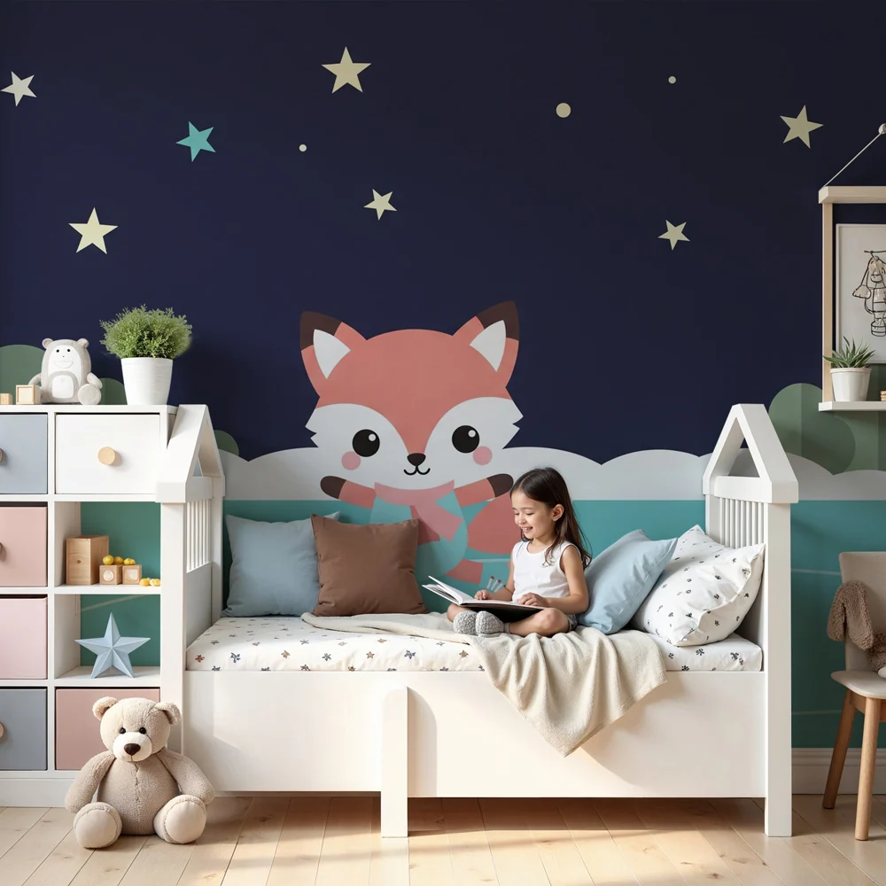 Kinderzimmer Tapete | Eislaufender Fuchs unter den Sternen