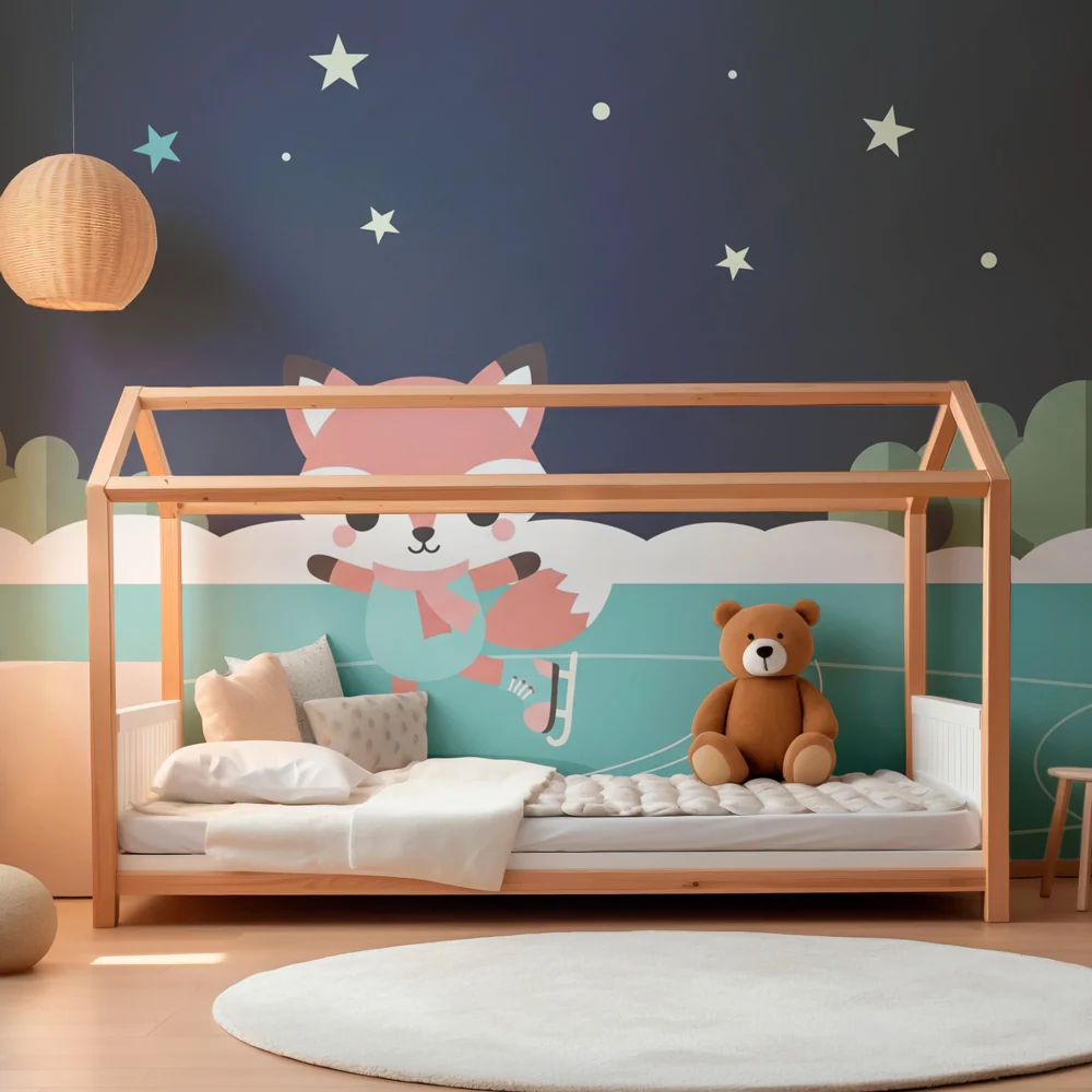 Kinderzimmer Tapete | Eislaufender Fuchs unter den Sternen
