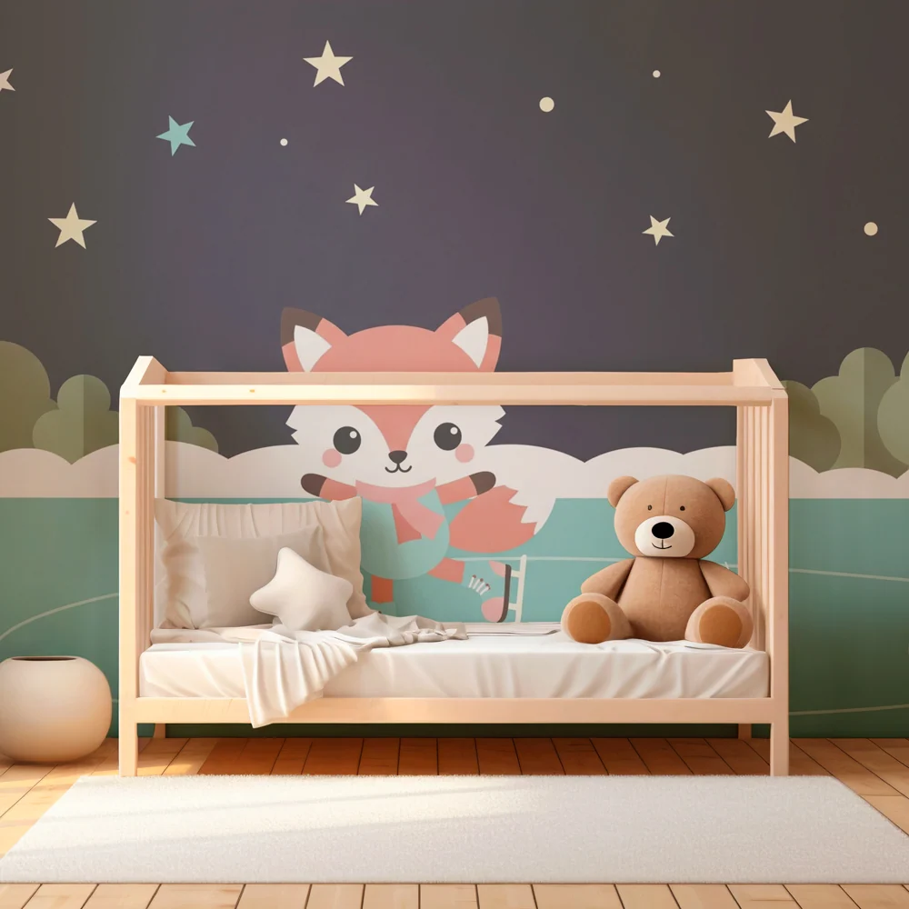 Kinderzimmer Tapete | Eislaufender Fuchs unter den Sternen